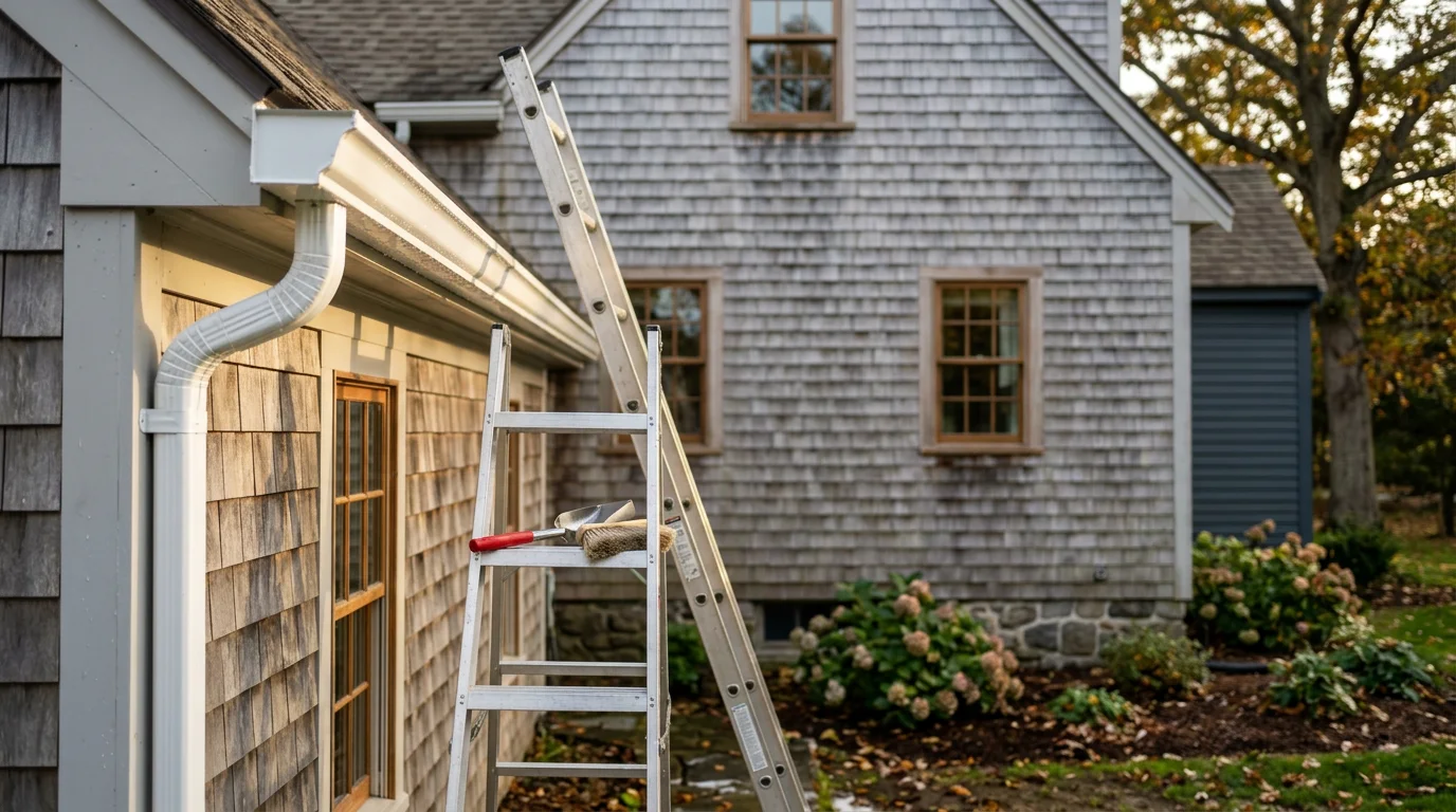 Technician cleaning gutters on a residential home