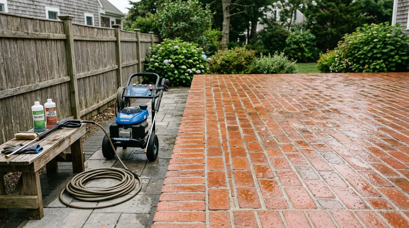 Professional cleaning of brick and masonry surfaces on a residential home