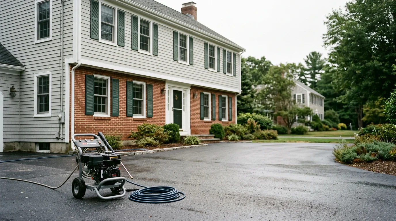 Professional pressure washing equipment cleaning a residential driveway