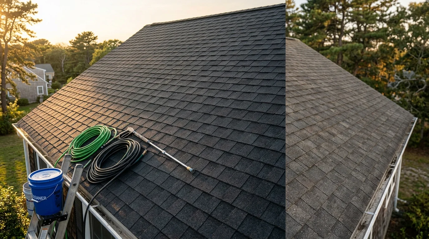 Technician soft washing a residential roof to remove algae and moss