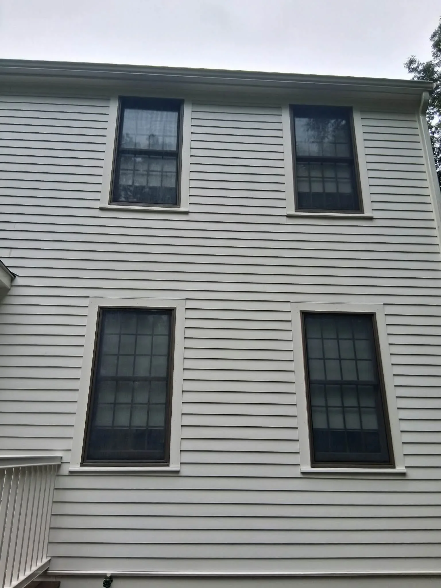 Clean white vinyl siding with dark-framed double-hung windows on two-story home