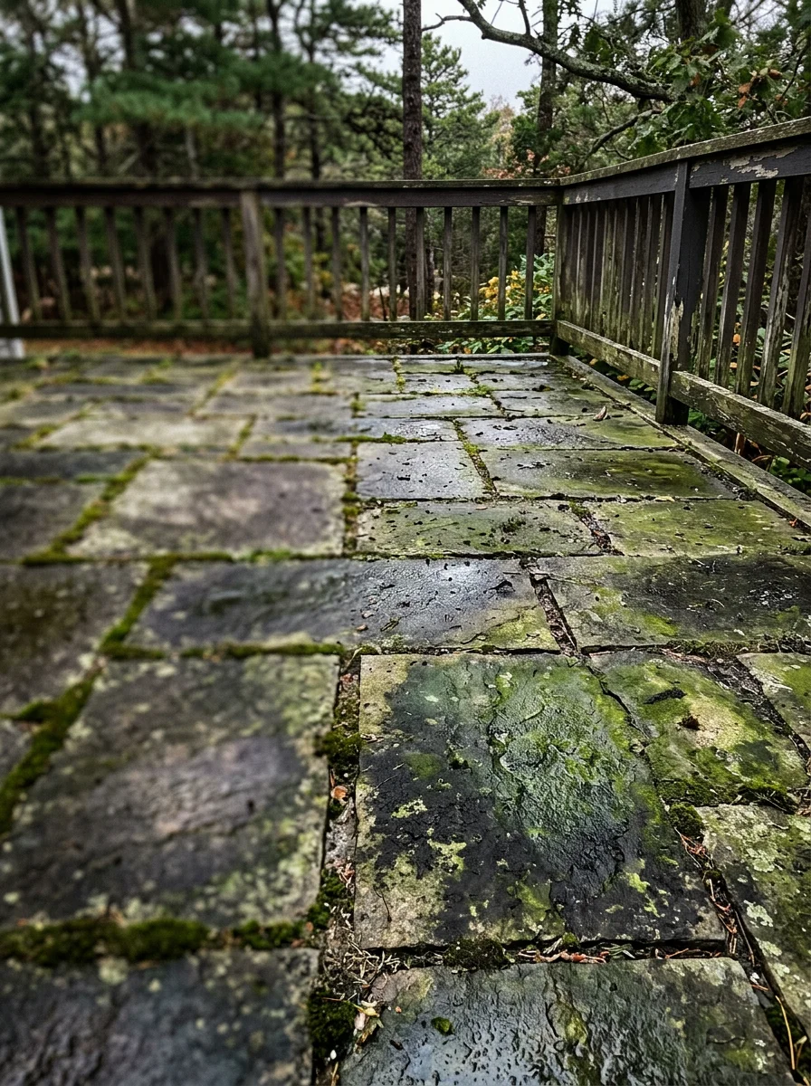 Green algae-covered paver patio on a wooded Duxbury, MA property before cleaning, showing thick organic staining on natural stone pavers.