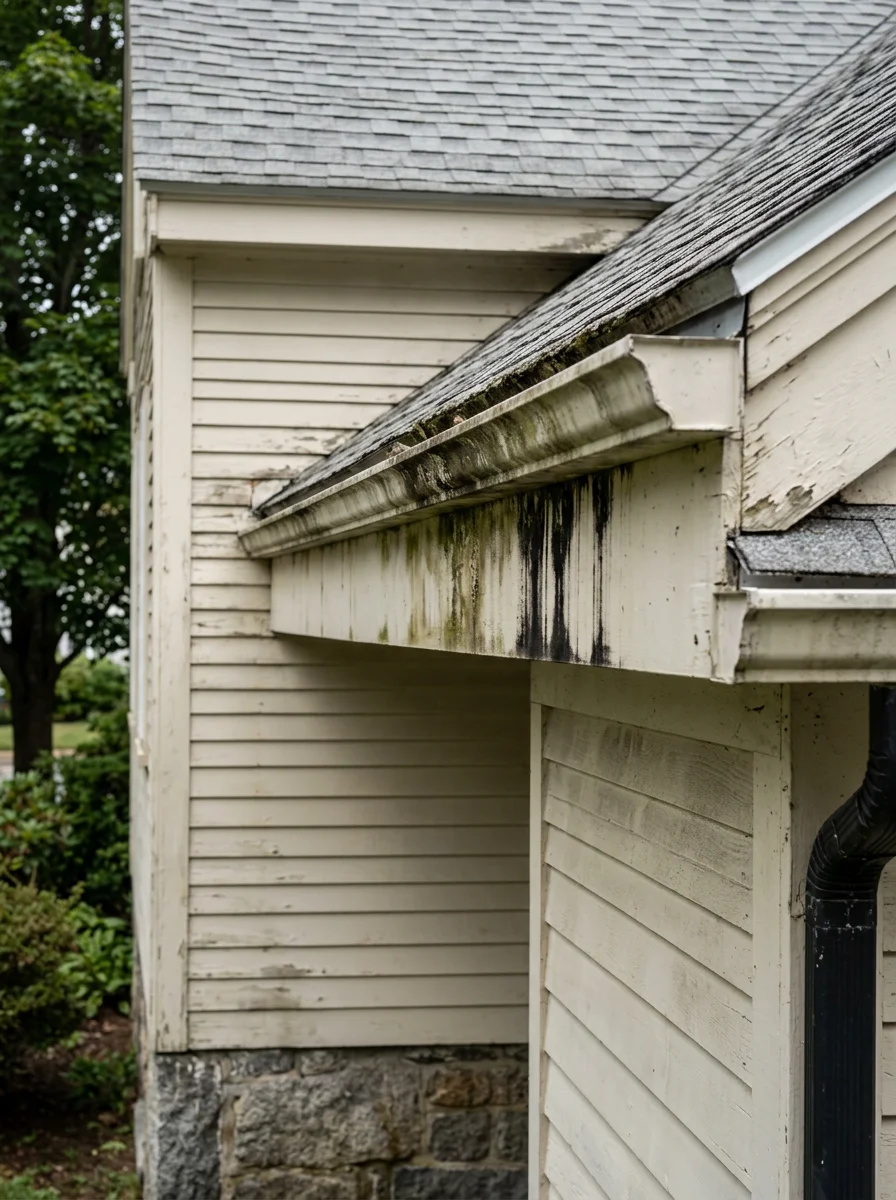 Algae-stained gutters on a Hingham, MA home before gutter brightening service, showing black oxidation streaks on aluminum fascia gutters.