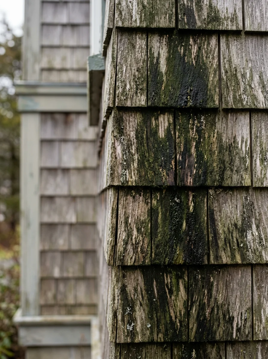 Close-up of algae-stained cedar shake siding on a Marshfield coastal home before exterior cleaning, showing dark green and black organic buildup.