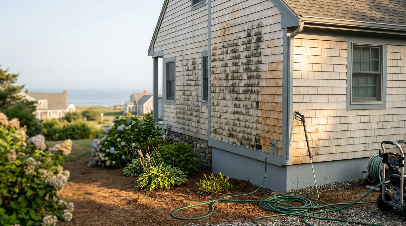 A Cape Cod-style home in Marshfield, MA being soft washed, with the Atlantic coast visible in the background and green algae staining on the siding being removed.