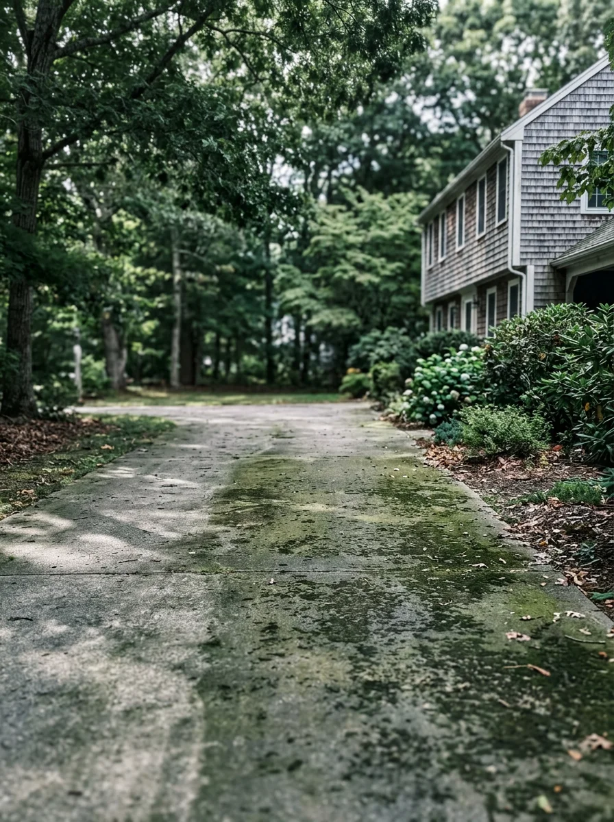 Green algae-covered concrete driveway under heavy tree canopy on a wooded Norwell, MA property before driveway cleaning, showing thick organic staining across the full surface.