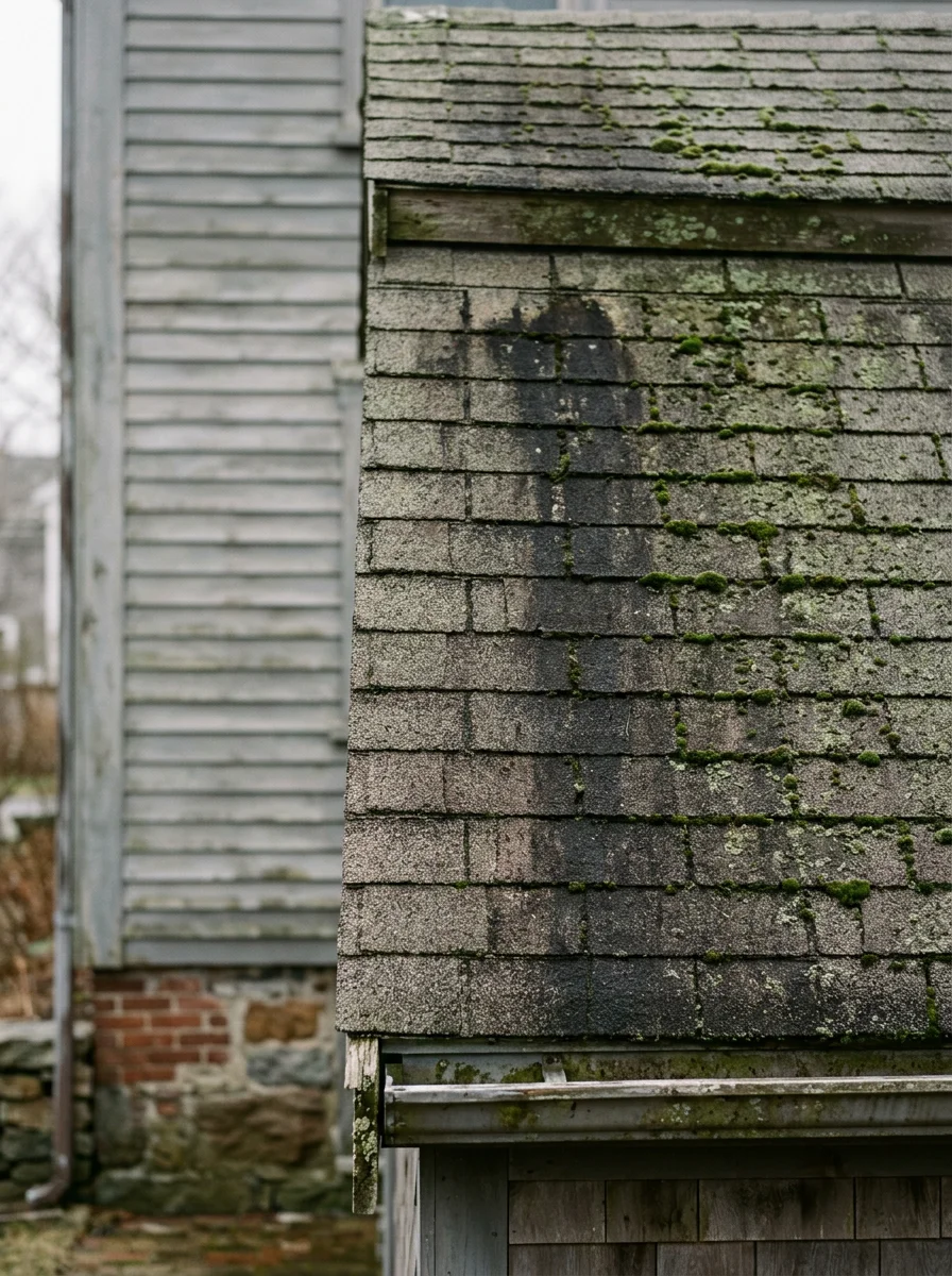 Algae-streaked asphalt shingle roof on a Plymouth, MA home near Myles Standish State Forest before roof cleaning, showing dark black and green organic growth on north-facing slopes.