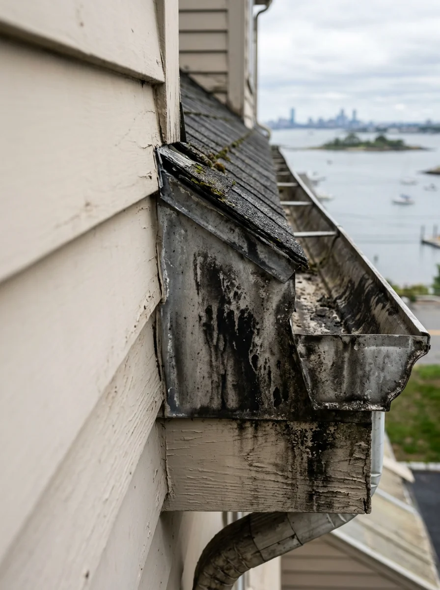 Black oxidation streaks on aluminum gutters of a Wollaston, Quincy home before gutter brightening service, with Boston Harbor visible in the background.