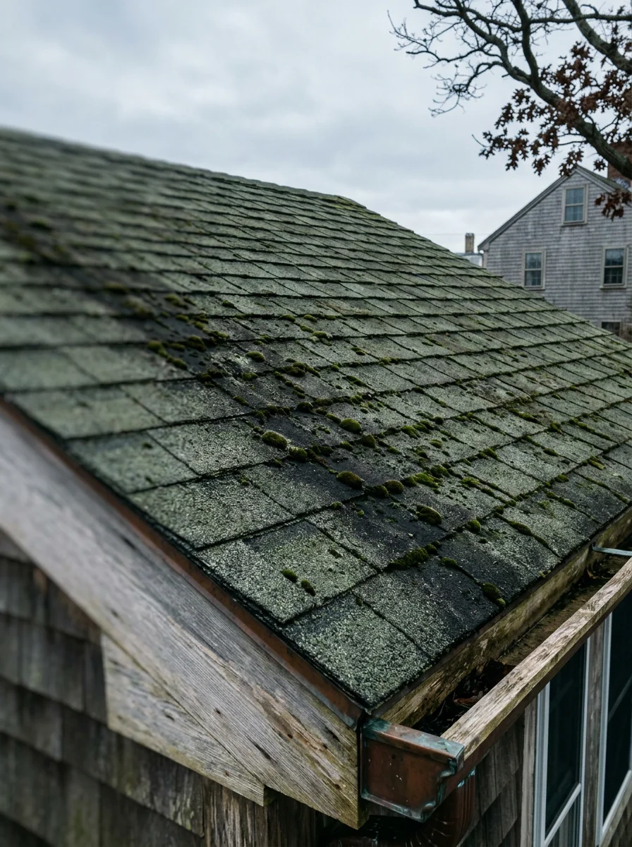 Moss and algae growth on a north-facing asphalt shingle roof in Scituate, MA before professional roof cleaning, showing dark green and black streaking.