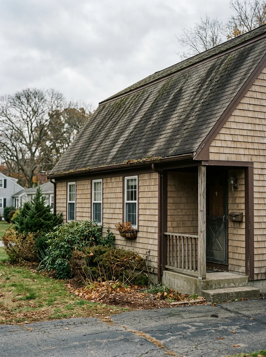 Algae-streaked asphalt shingle roof on an older Weymouth, MA ranch home before roof cleaning, with dark black streaks running down the north-facing slope.