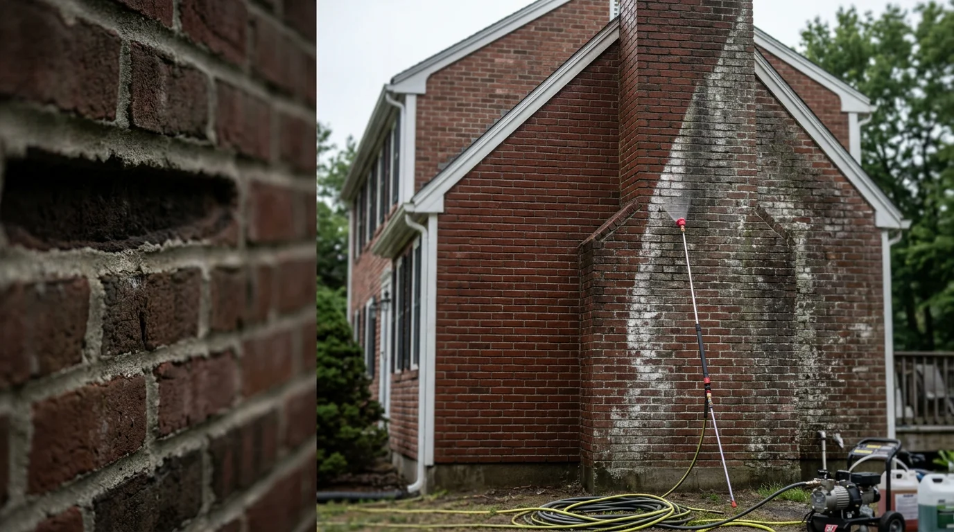 Brick chimney and stone retaining wall on a South Shore home in Marshfield, Massachusetts after professional masonry cleaning, showing restored color with algae and efflorescence removed.