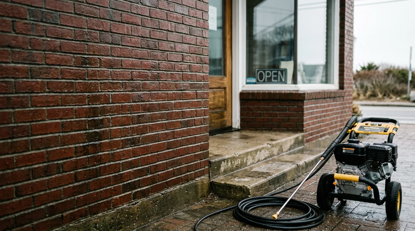 A commercial building facade in Marshfield, Massachusetts after professional exterior cleaning, showing clean siding and a clear entryway free of algae and grime. JJC Pressure and Softwash pressure washing service on the South Shore.