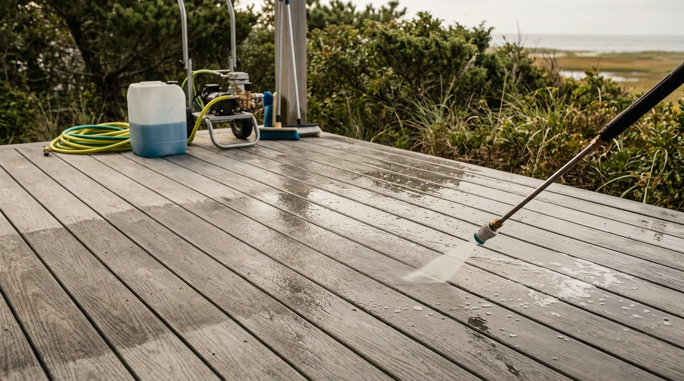 A wood deck on a Marshfield South Shore home after professional cleaning, showing restored natural board color with mildew and algae removed. The surface is dry, clean, and free of the gray weathering and dark staining common on coastal Massachusetts decks.