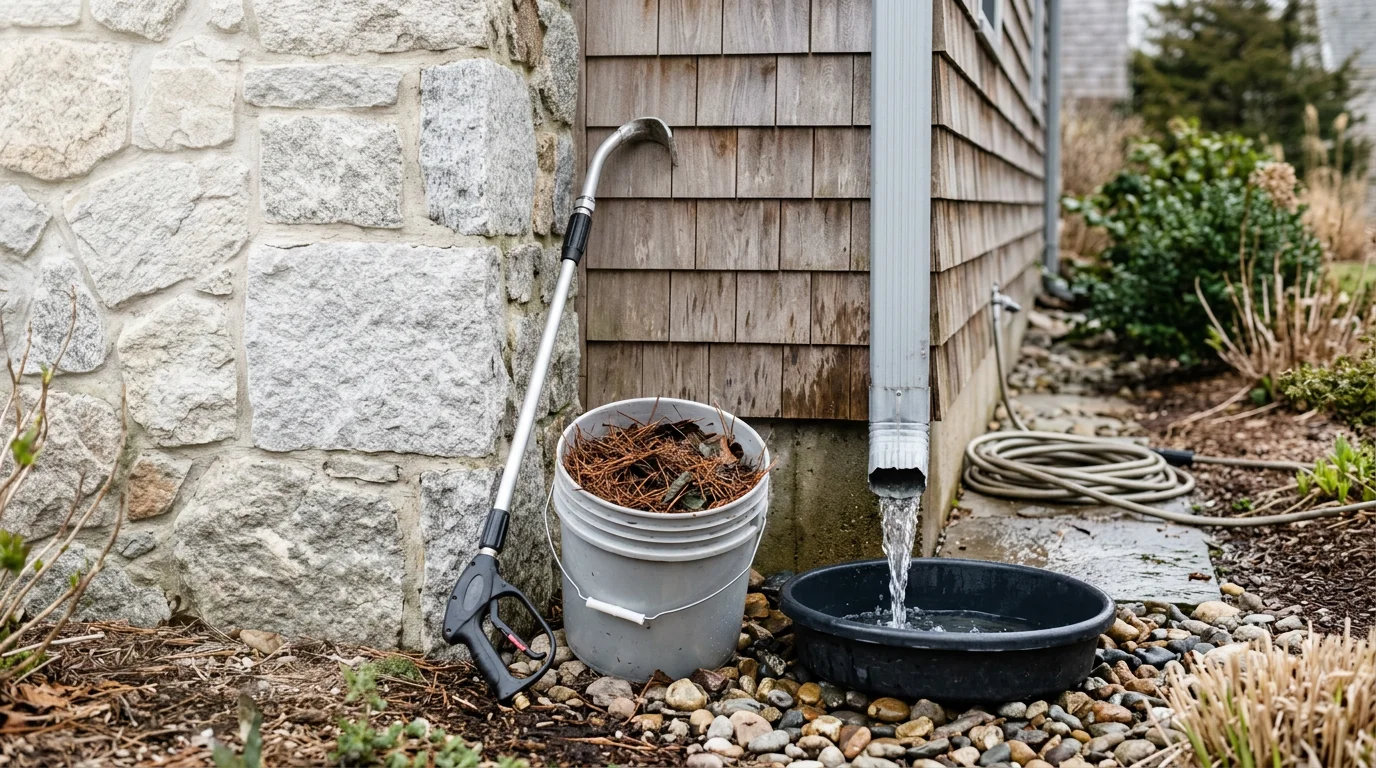A downspout on a South Shore home with water flowing cleanly out of the base after a professional cleaning by JJC Pressure and Softwash in Marshfield, MA. Cleared debris is visible on the ground beside the pipe.