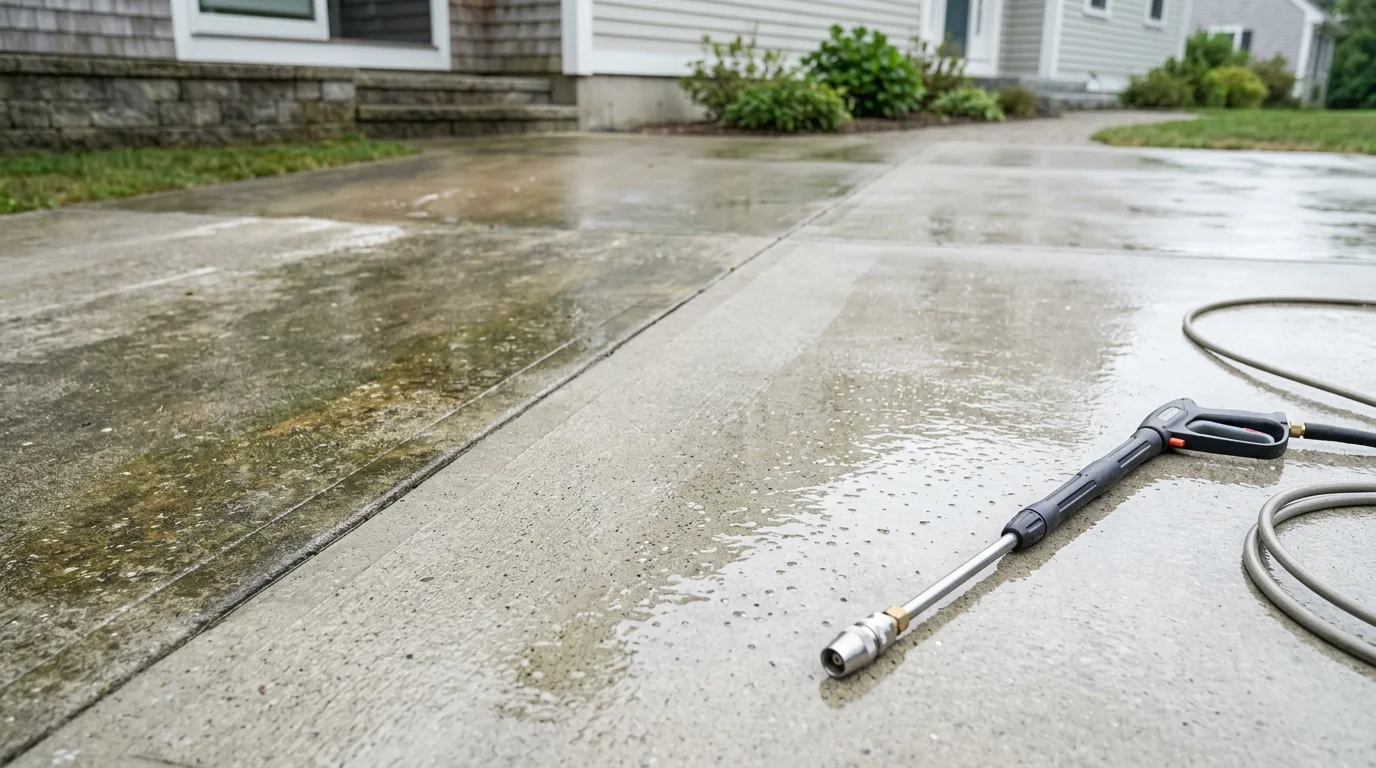 A concrete driveway in Marshfield, Massachusetts shown after professional pressure washing, with dark algae staining and road grime fully removed and the surface restored to a clean, uniform gray. The cleaned driveway leads to a residential home typical of the South Shore coastal area.