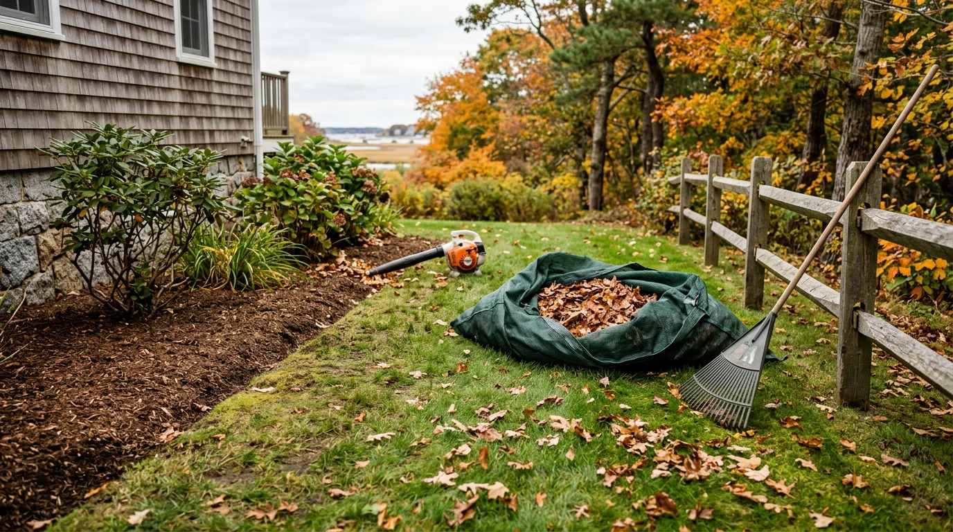 A Marshfield, MA residential property after fall cleanup, with cleared lawn areas, clean garden beds, and leaf-free hard surfaces visible in autumn light. Debris has been fully removed from the yard, leaving the home ready for winter.