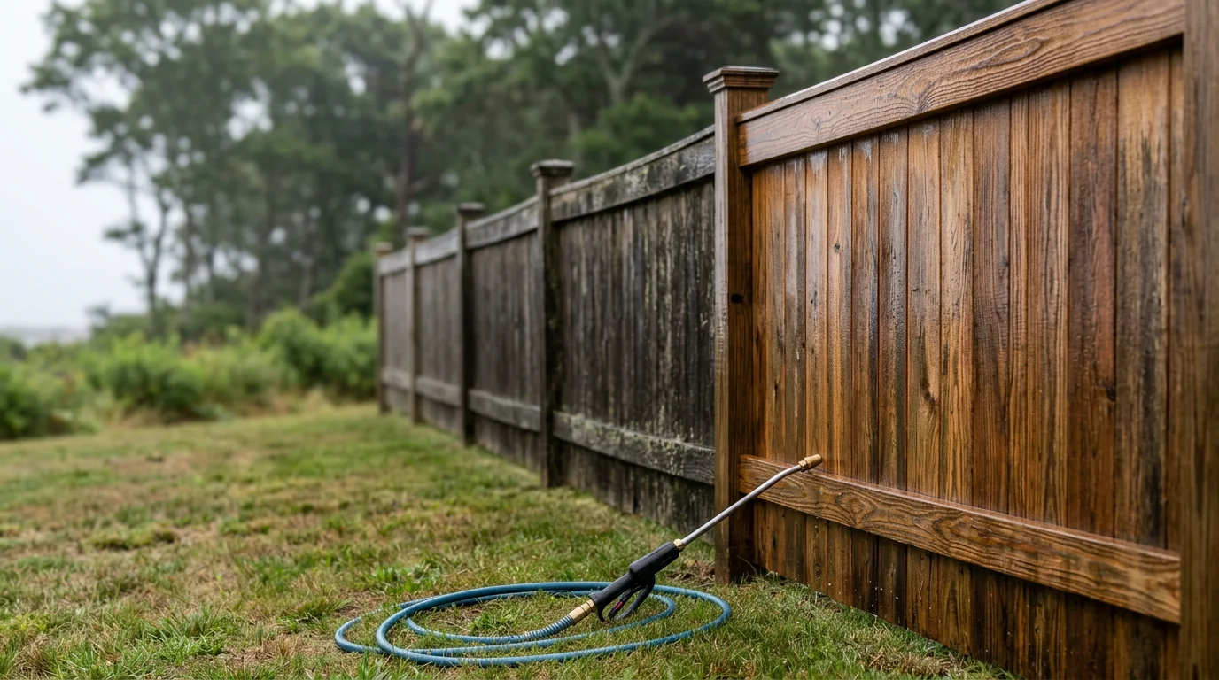 A wood privacy fence in a Marshfield backyard after softwash cleaning, showing clean pickets and posts with green algae and dark mildew fully removed. The fence line runs along a residential yard typical of South Shore coastal neighborhoods.