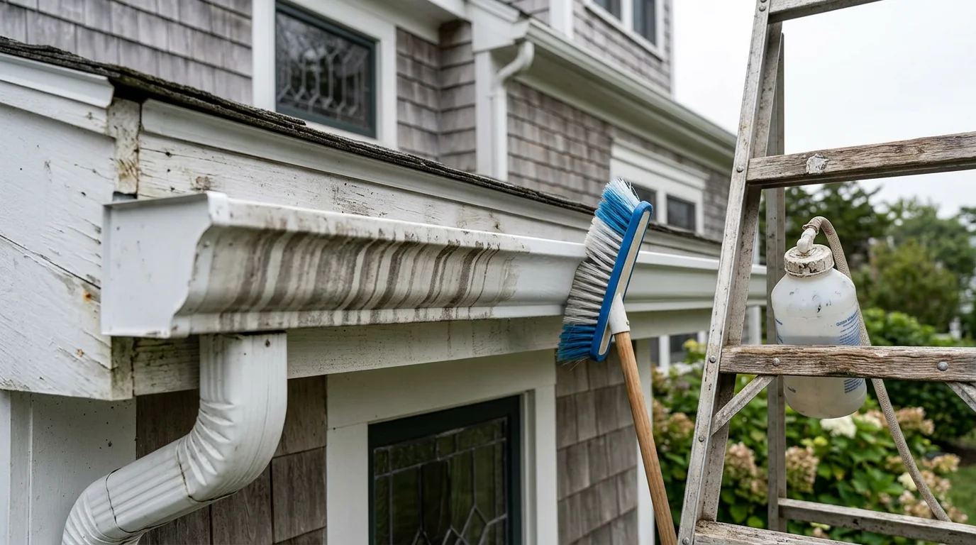 Close-up of white aluminum gutters on a Marshfield home showing before-and-after results of gutter brightening, with tiger stripe oxidation stains removed from the exterior gutter face.