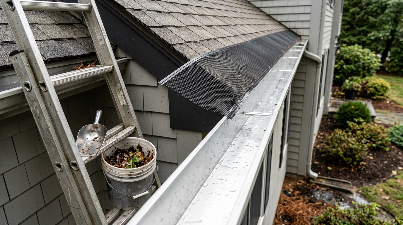 A JJC Pressure and Softwash technician removing packed leaves and debris from a residential gutter on a South Shore home in Marshfield, Massachusetts. The cleaned gutter channel shows clear, unobstructed flow toward the downspout.