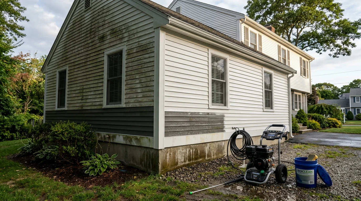 A two-story coastal home in Marshfield, Massachusetts with clean white vinyl siding after professional house washing, showing no algae staining or dark streaks on the exterior walls.