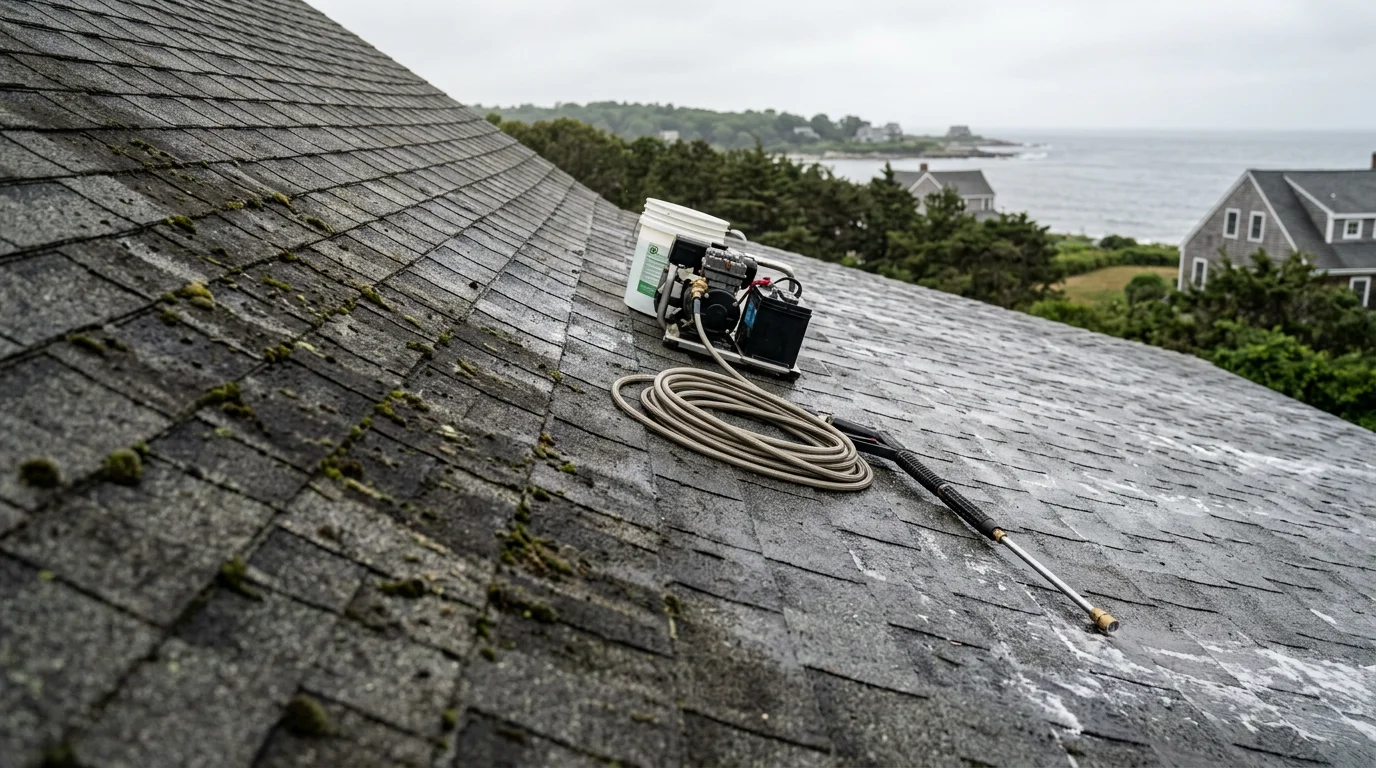 A residential roof in Marshfield, Massachusetts showing dark algae streaks and green moss patches on asphalt shingles before softwash treatment. The coastal neighborhood setting is visible in the background.