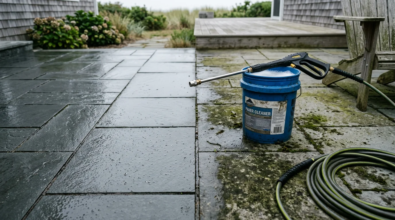 A paver patio in Marshfield, MA after professional cleaning, showing restored surface color and clear joints free of algae and moss. The hardscape surface is dry, even, and ready for outdoor use.