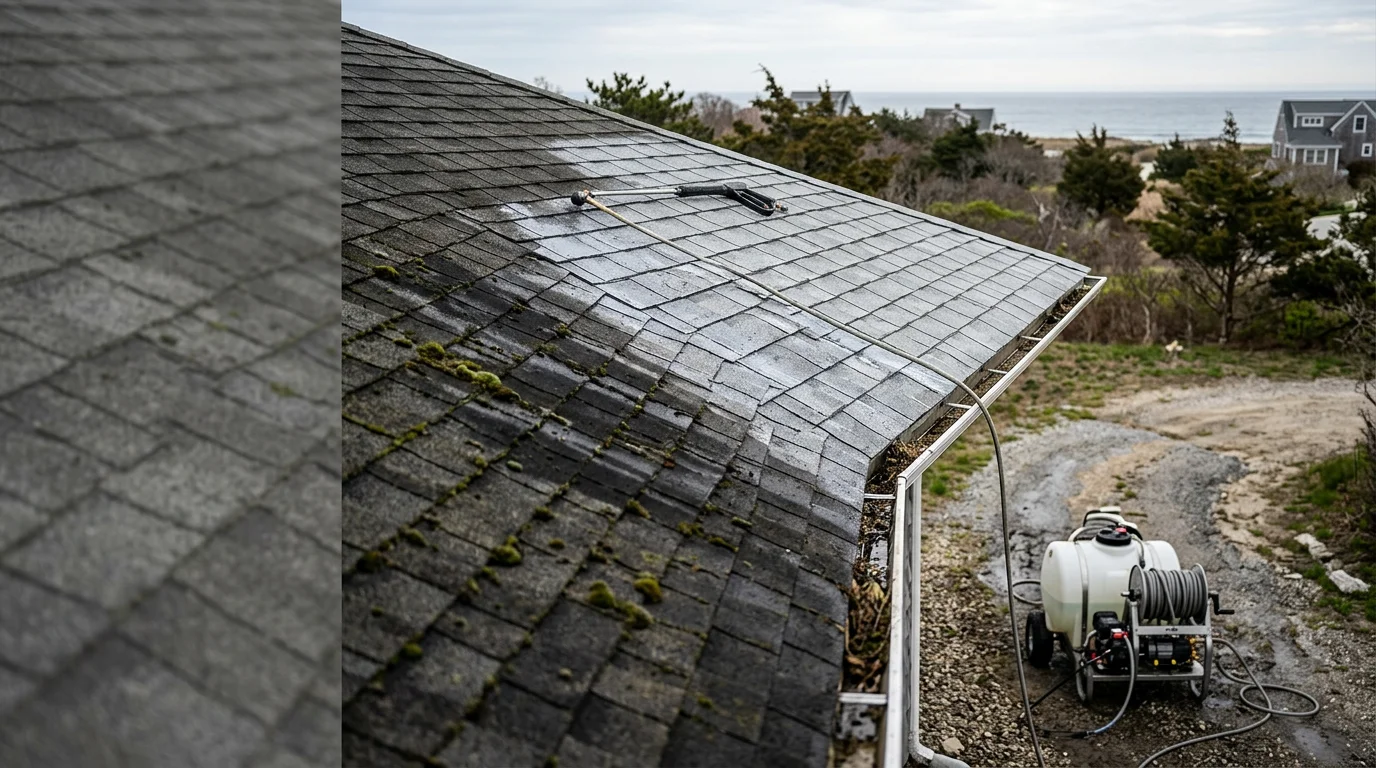 A residential asphalt shingle roof in Marshfield, Massachusetts showing before-and-after results of softwash roof cleaning, with dark algae streaks and green moss growth removed from the surface. The cleaned roof reveals restored shingle color against a coastal South Shore neighborhood backdrop.
