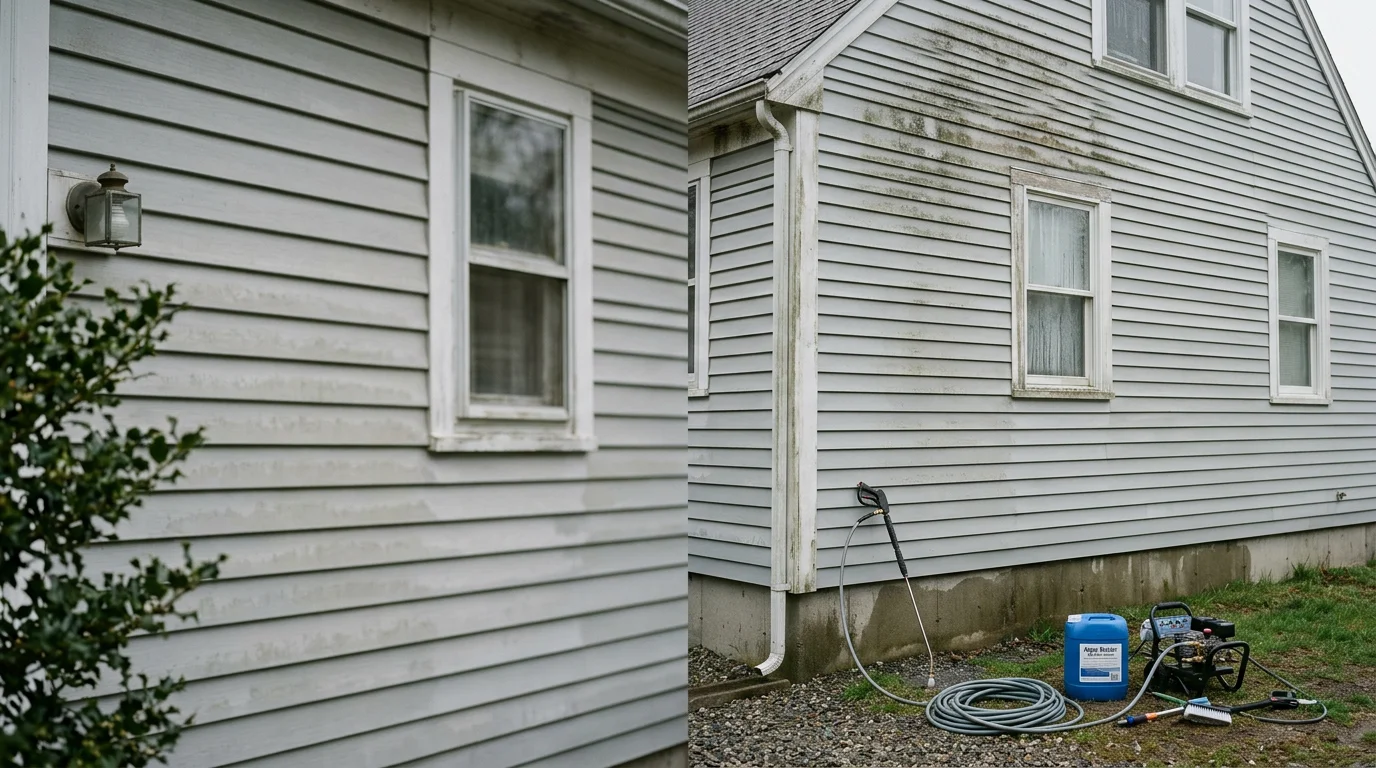A Marshfield home's vinyl siding after soft washing, showing clean white panels free of green algae streaks and black mold staining. The exterior of the coastal South Shore property looks freshly restored with no visible organic buildup.