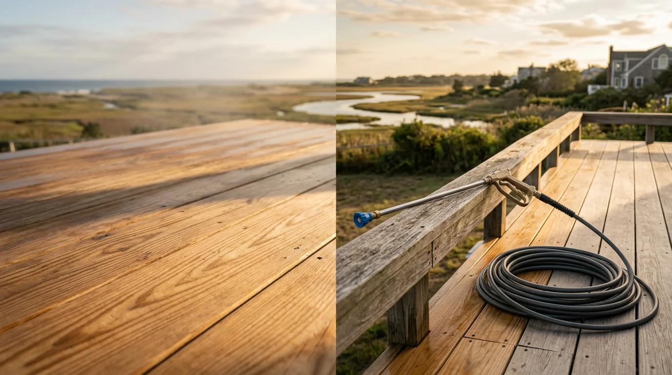 A wood deck in Marshfield, Massachusetts shown after professional cleaning, with gray weathering and green algae removed and the natural wood grain restored. Salt-air buildup and mold growth are gone, leaving clean, even boards ready for staining or sealing.